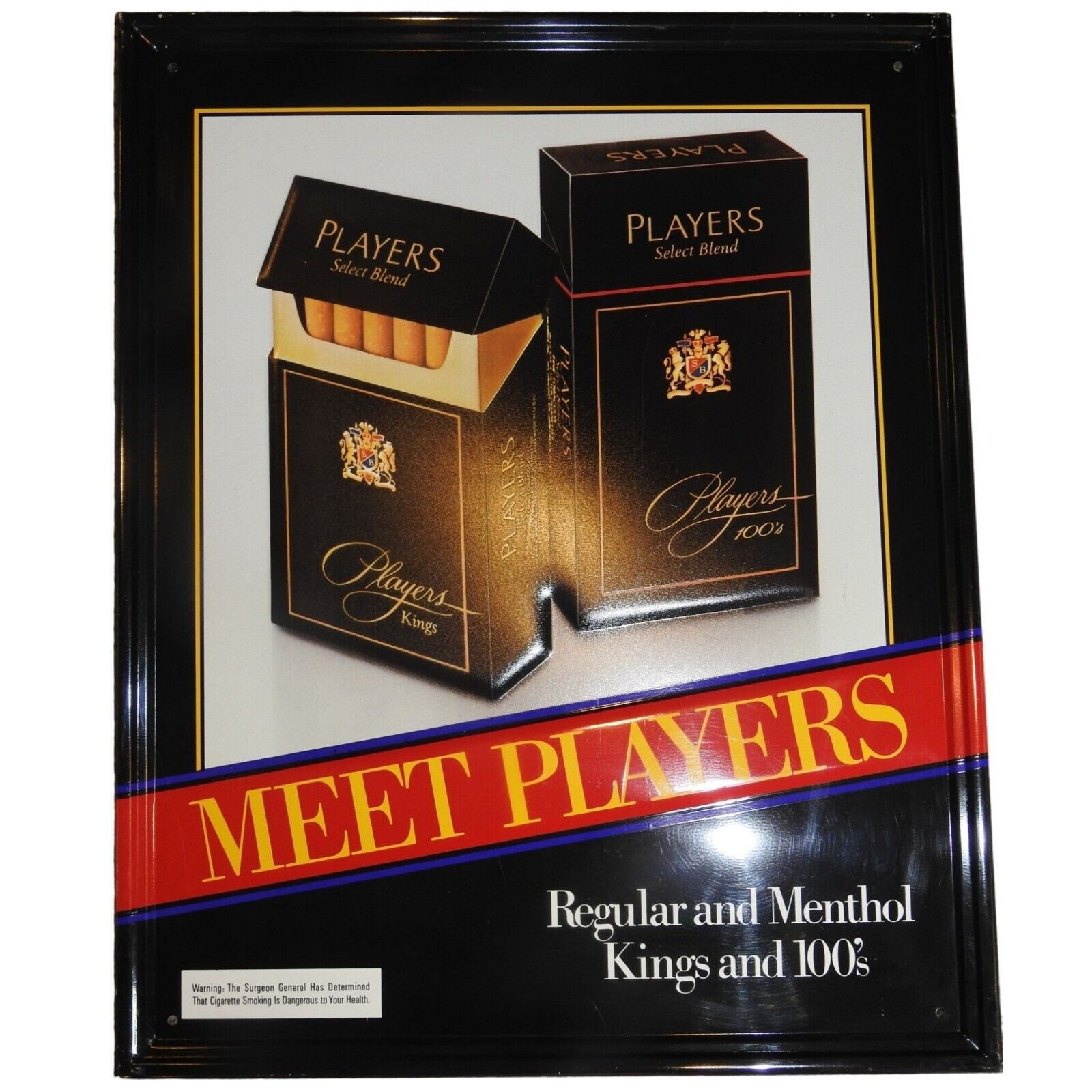 Vintage 1980s NOS Meet Players Cigarette Tin Sign Black Pack Advertising 17x21
