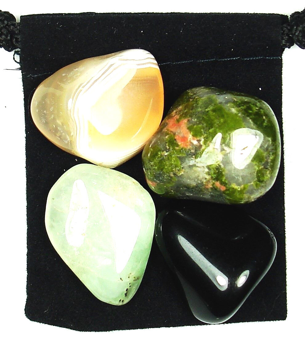 SPIRITUAL GROWTH Tumbled Crystal Healing Set = 4 Stones +Pouch +Description Card