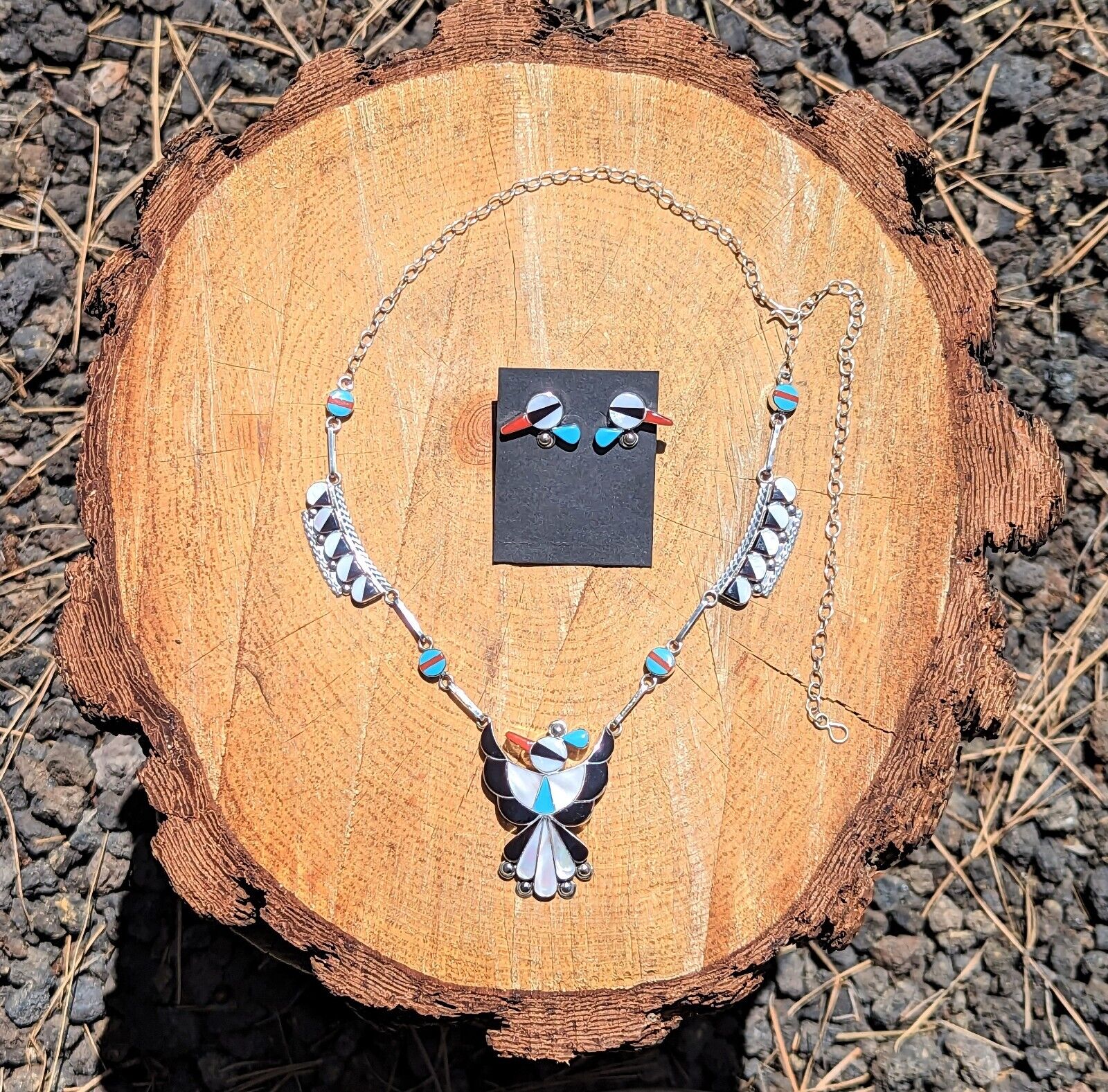Zuni Chain Necklace and Earrings Set, Thunderbird Inlay Native American Handmade