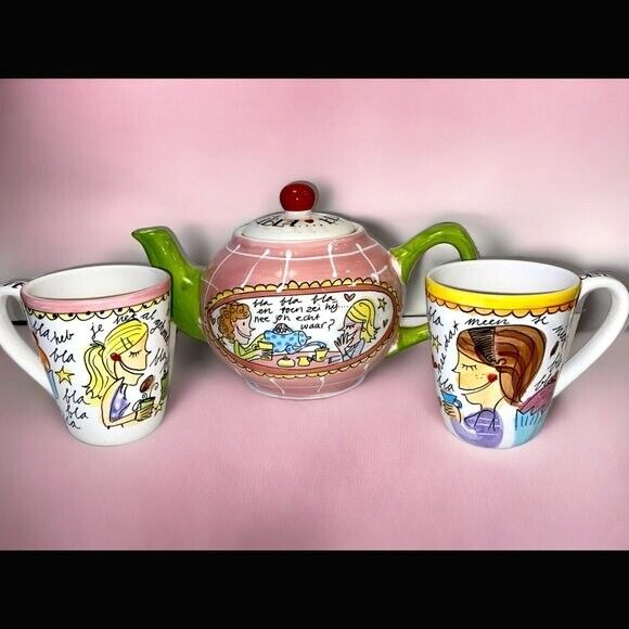 RARE Blond Amsterdam Ceramic Teapot and 2 Mugs Whimsical Blah Blah Blah Series