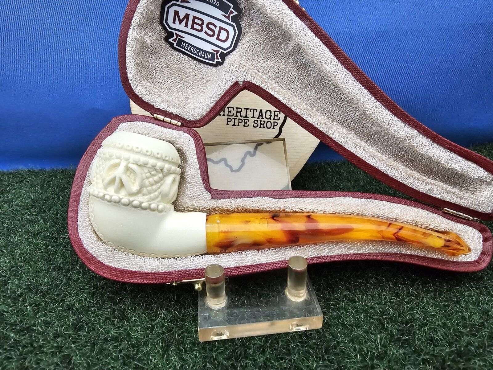 MBSD Featherweight Bent Freehand Hand-Carved Block Meerschaum Pipe, Case