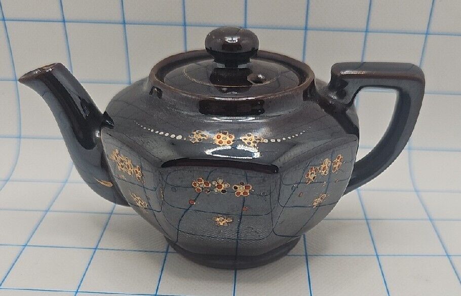 VTG 1950\'s Redware Brown Betty Hand Painted Tea Pot Made in Japan gold tone trim