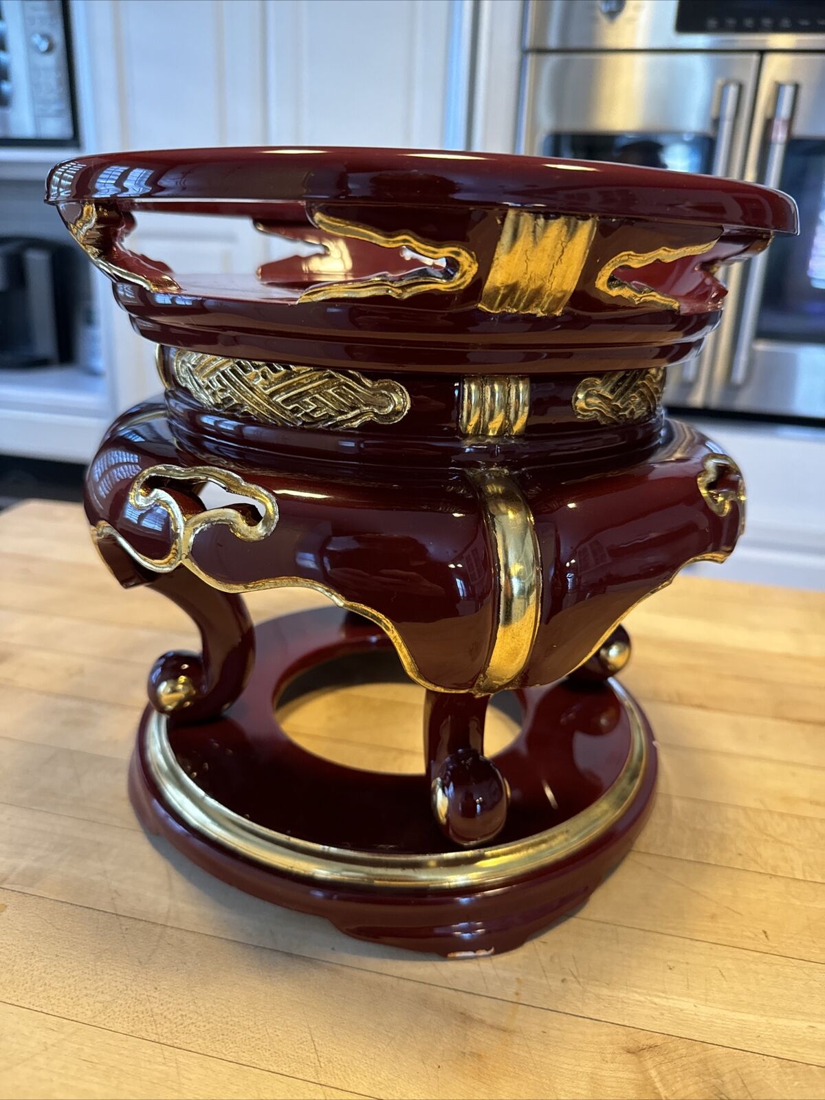 CHINESE RED & GOLD LACQUERED WOOD CARVED STAND FOR FISH BOWL VASE PLANTER