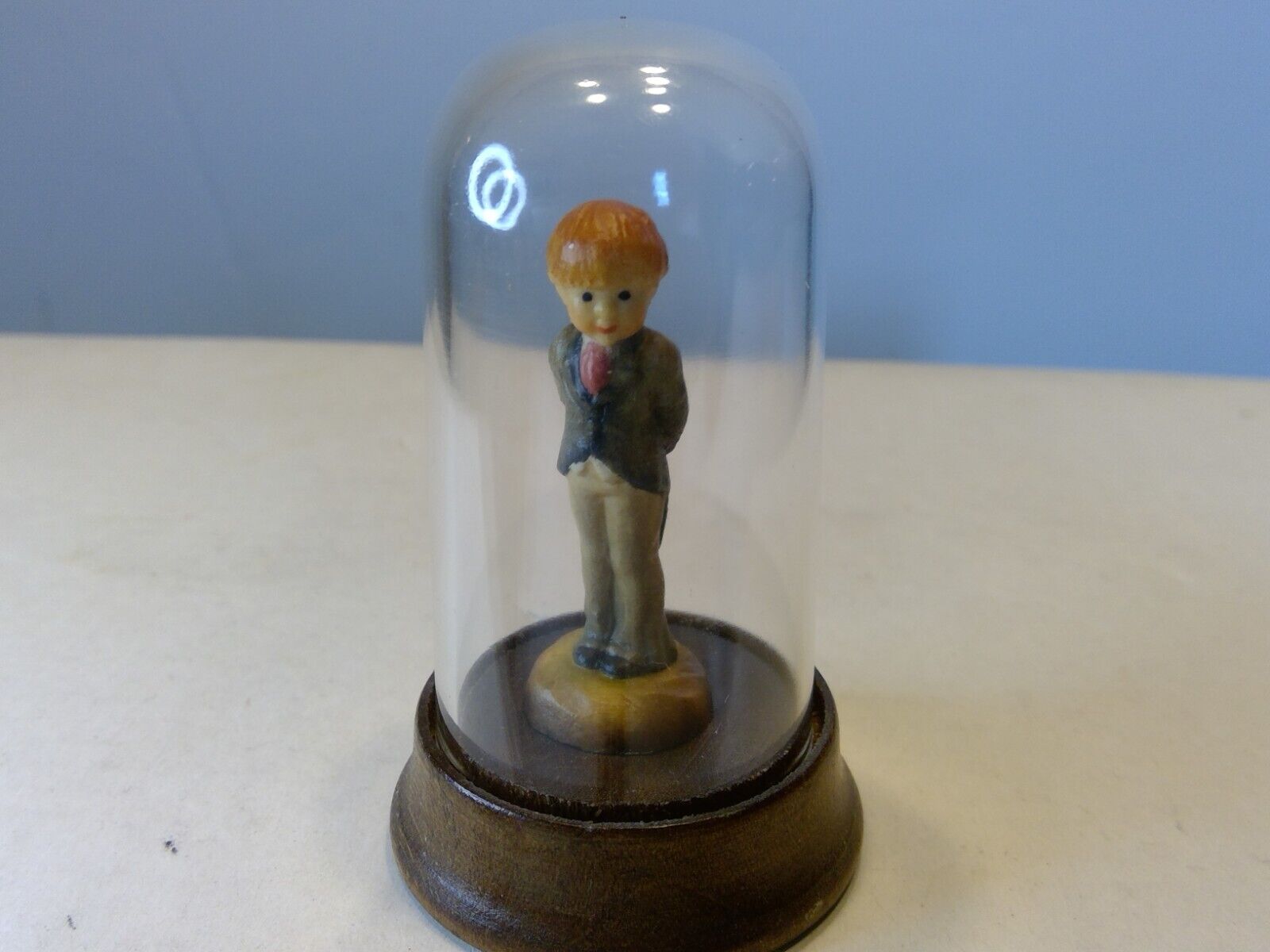Vintage Anri Sarah Kay Wood Carved Miniature Boy with Ring Figurine W/Dome