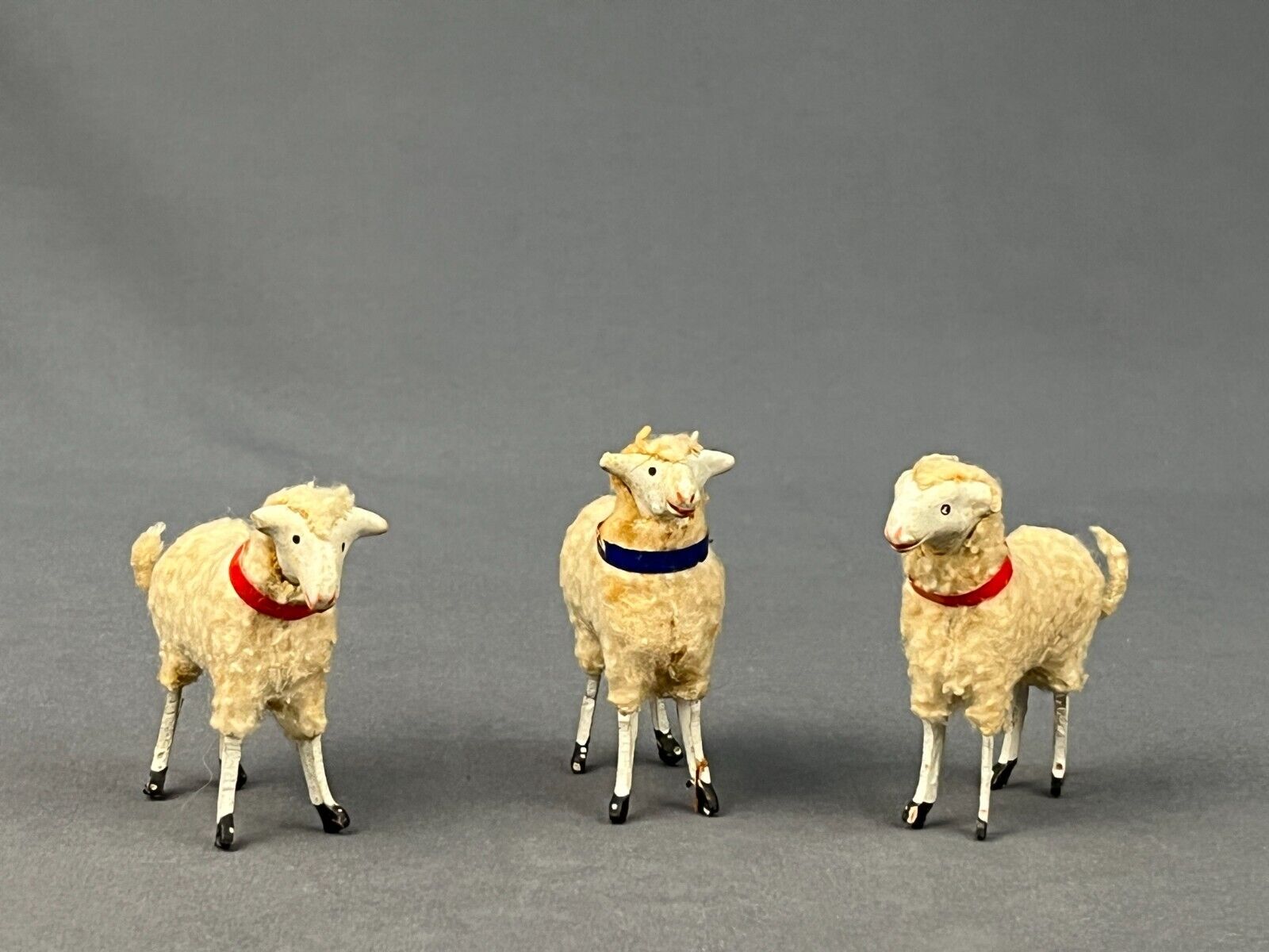 3 Antique Putz Wooly Stick Leg Sheep Lamb German Christmas Figurines