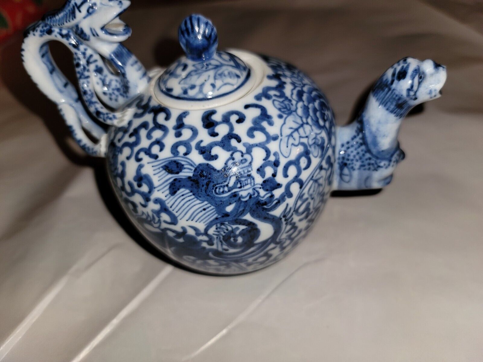 Vintage Asian Oriental Blue White Dragon Chinese Teapot Signed