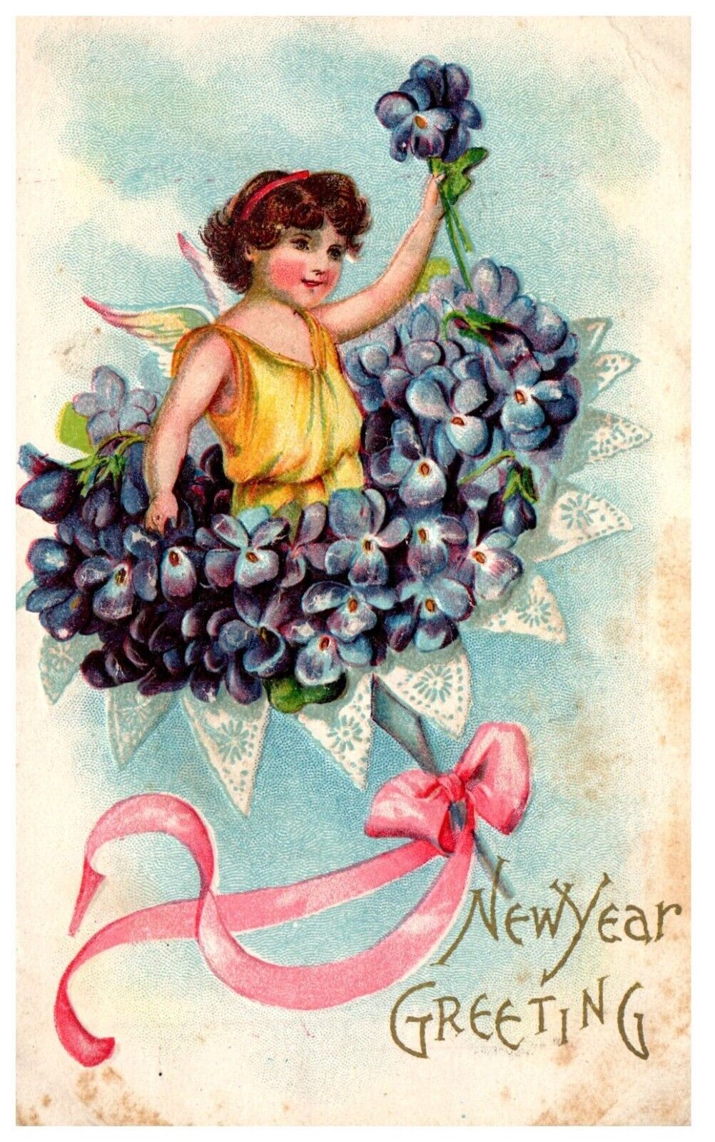 New Year Greeting Cute Fairy Girl Flower Whimsical Postcard c.1910 *FOXING*