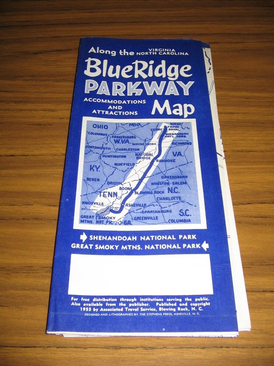 Blue Ridge Parkway Travel Map & Brochure Virginia & North Carolina 1955