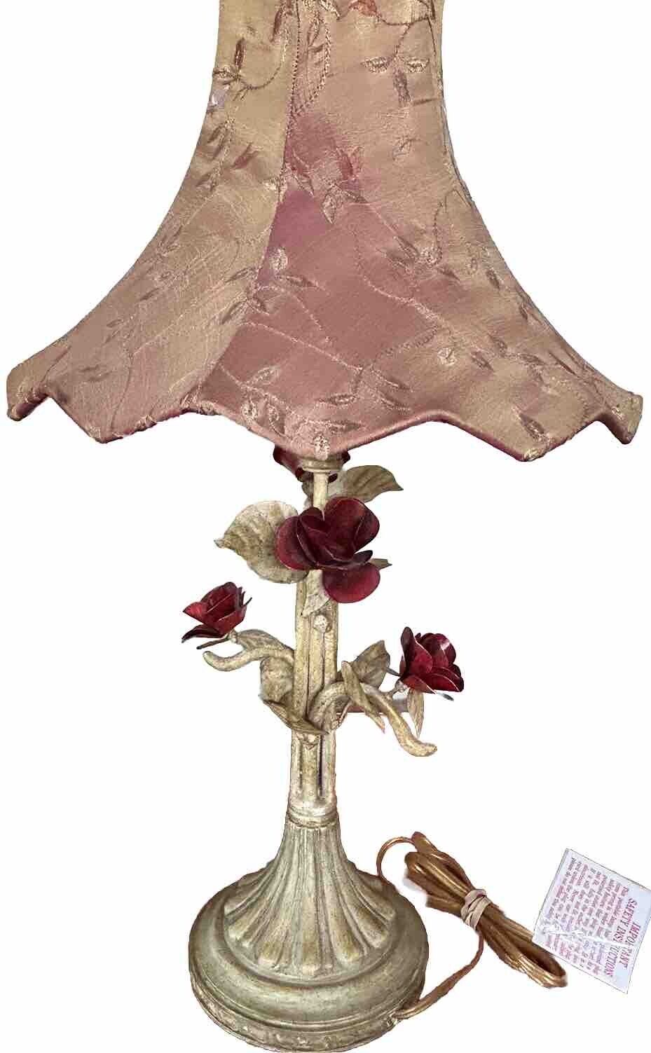 Vintage French Lamp With Red Roses Measures 28”X 17”