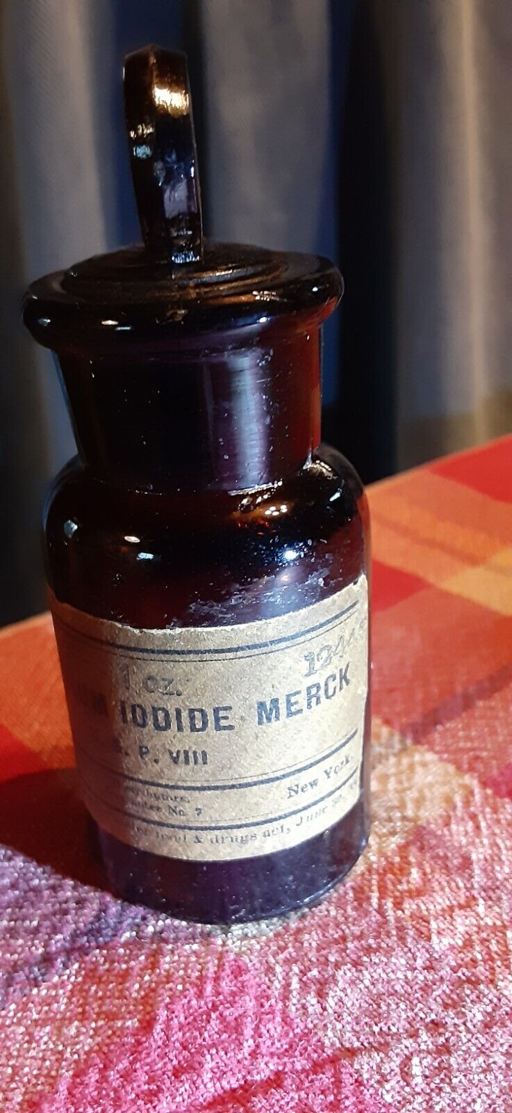 Antique Sealed STRONTIUM IODIDE Merck Brown Bottle W/ Glass Stopper Apothecary