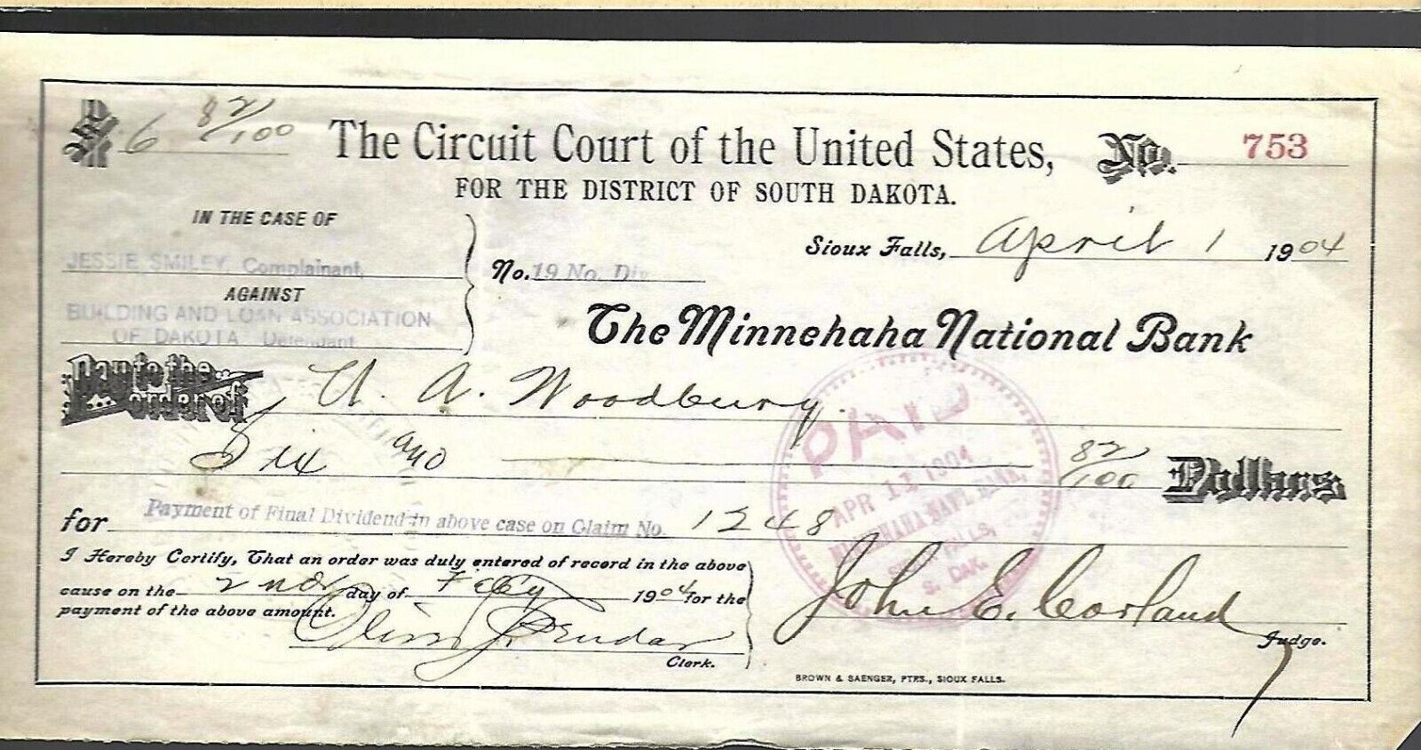 Minnehaha National Bank Sioux Falls S.Dakota 1904