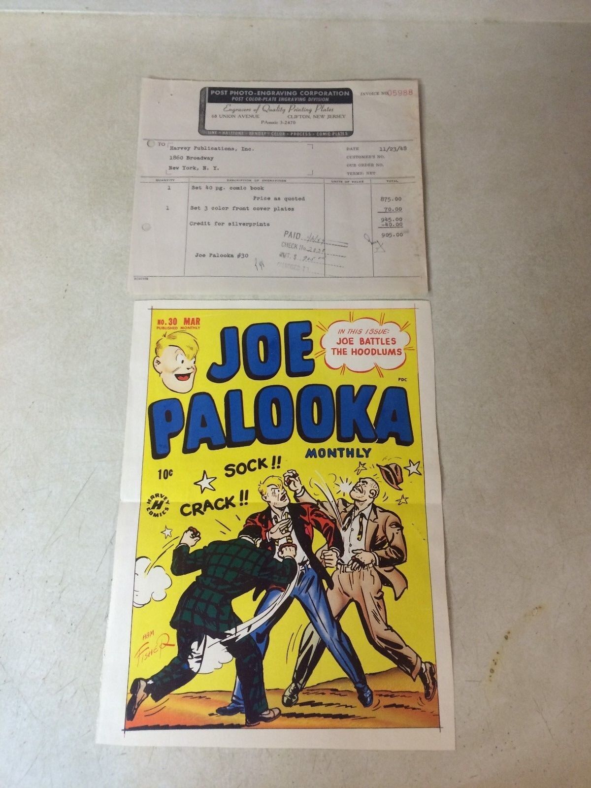 JOE PALOOKA #30 COVER ART original cover proof 1948 w/PRINTER INVOICE -- RARE
