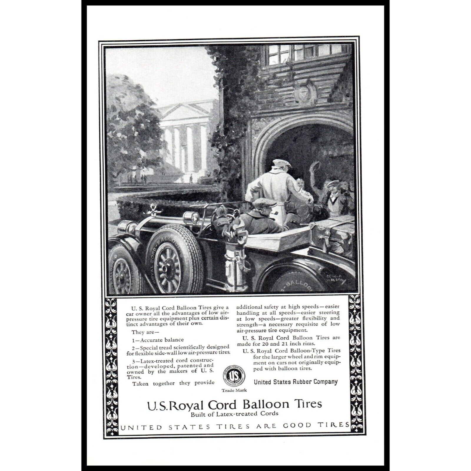 1924 US Royal Cord Balloon Tires Vintage Print Ad Convertible Car Pipe Smoke Art
