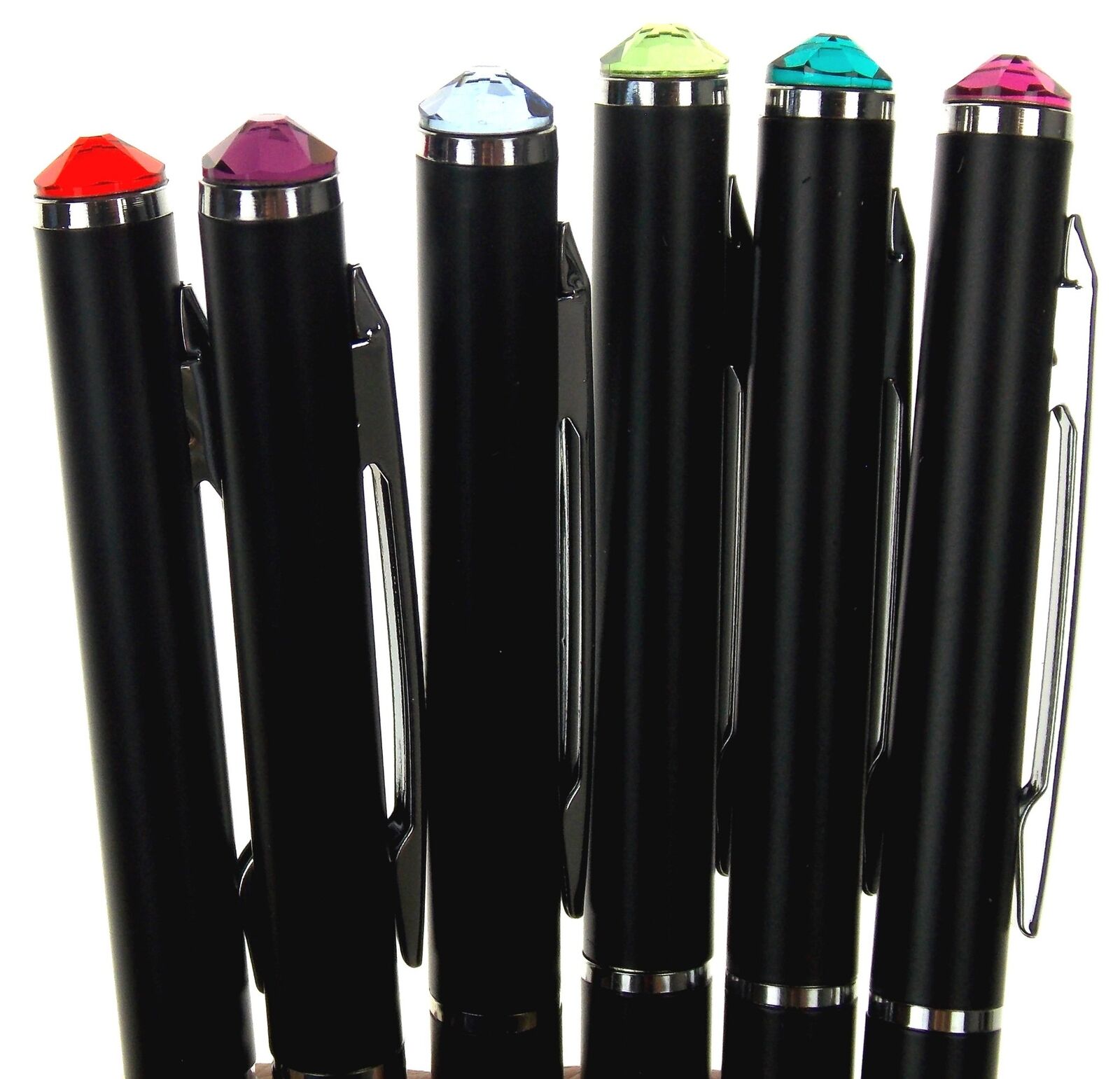 Crystalicious Black Barrel Pen Set 6 Crystal Top Assorted Colors Executive Gift