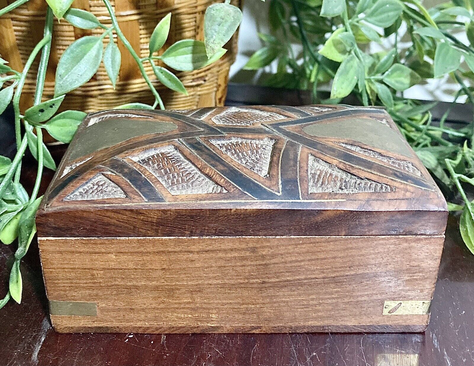 Vintage Hand Carved Wood Trinket Box With Brass Inlay 