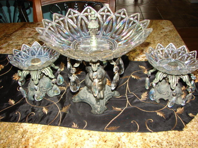 Hollywood regency Vintage Estate Metal and Glass Cherub Dishes Iridescent Glass