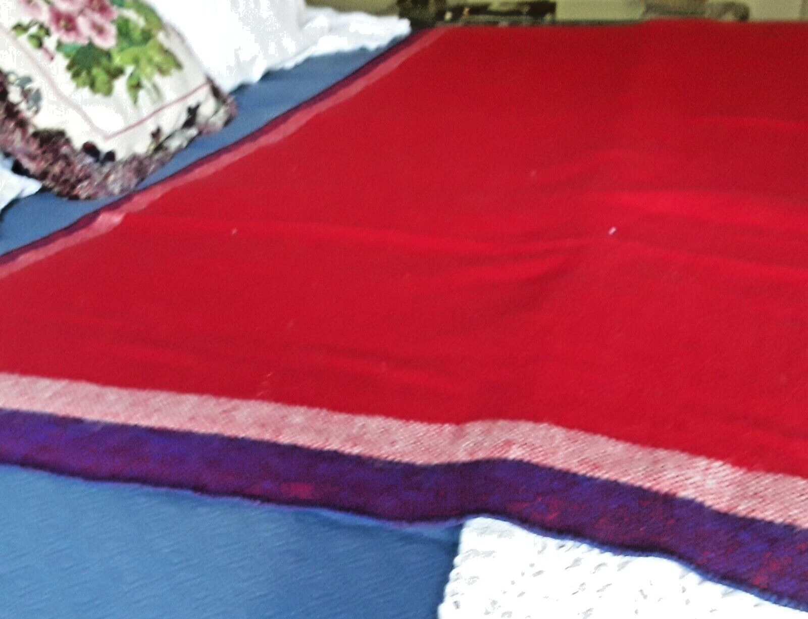 Vintage red  with blue & White trim  wool Throw Blanket