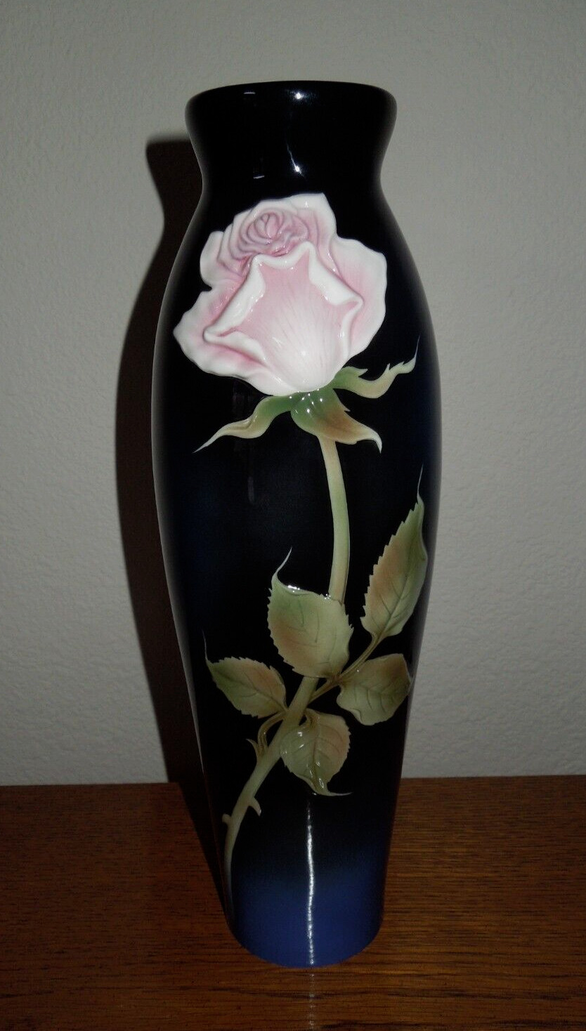 Beautiful Blue Franz Vase with Pink Rose #1830