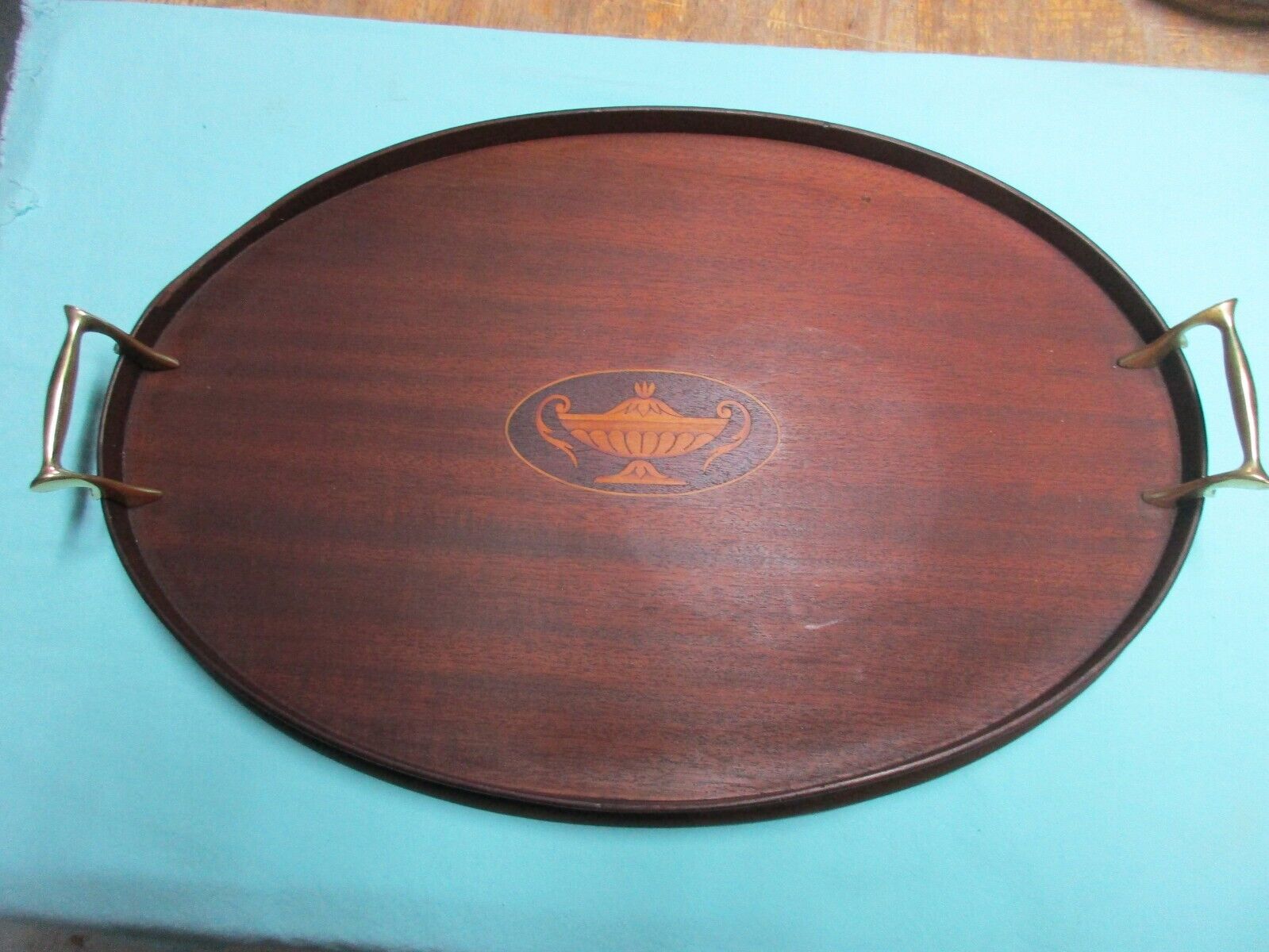 Beautiful Mahogany Oval Serving Tray with Brass Handles and Elegant Inlay