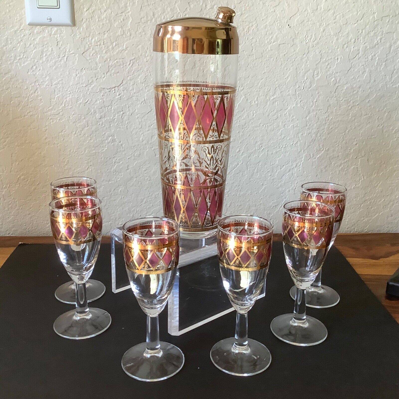 MCM West Virginia Glass 22K Gold Embossed Cocktail Shaker & 6 Matching Glasses