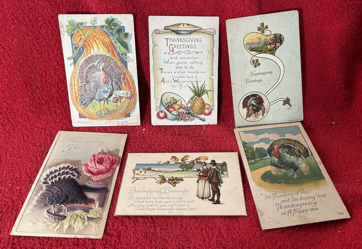 Postcards Antique Thanksgiving - Lot of 6 1911-1924 Turkey Pilgrim pie Gourd