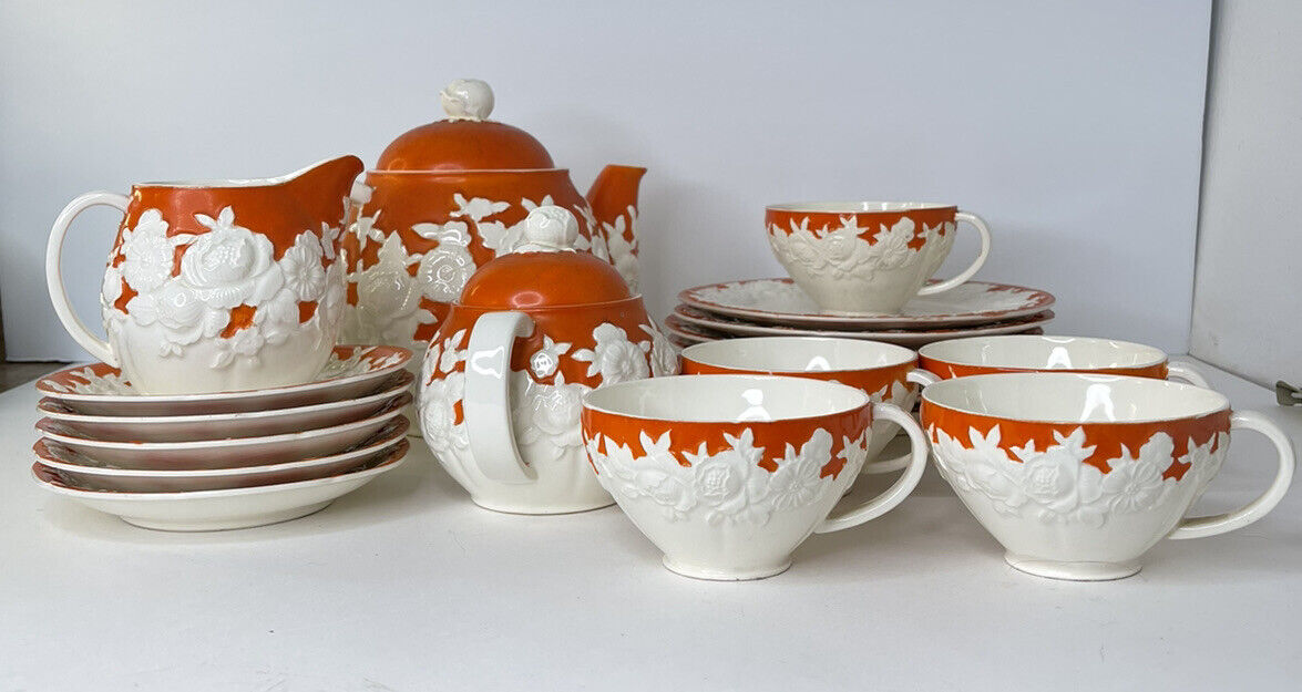 Moriyama Mori-machi Japanese Vintage Hand Painted Orange Floral Teapot Cups More