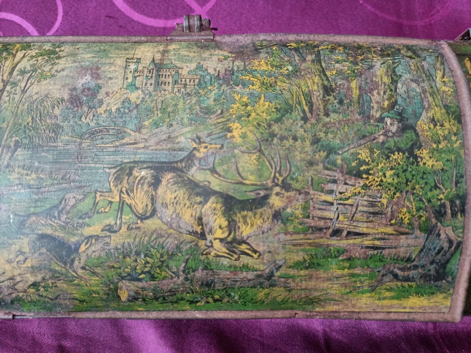Big Rare Old Antique 1870-1900\'S French Hand Painted Riding Box Hunting scene