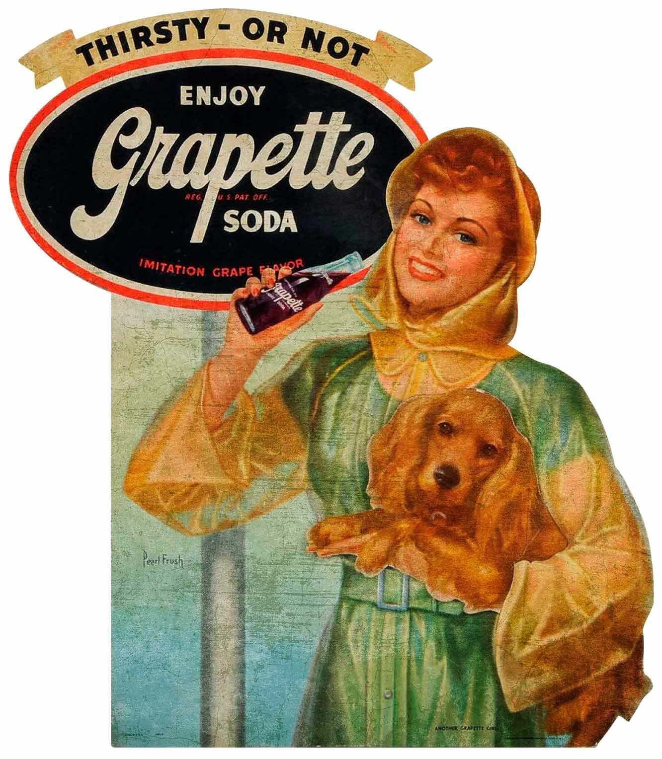 (3) GRAPETTE GRAPE SODA POP GIRL WITH DOG HEAVY DUTY USA MADE METAL ADV SIGN