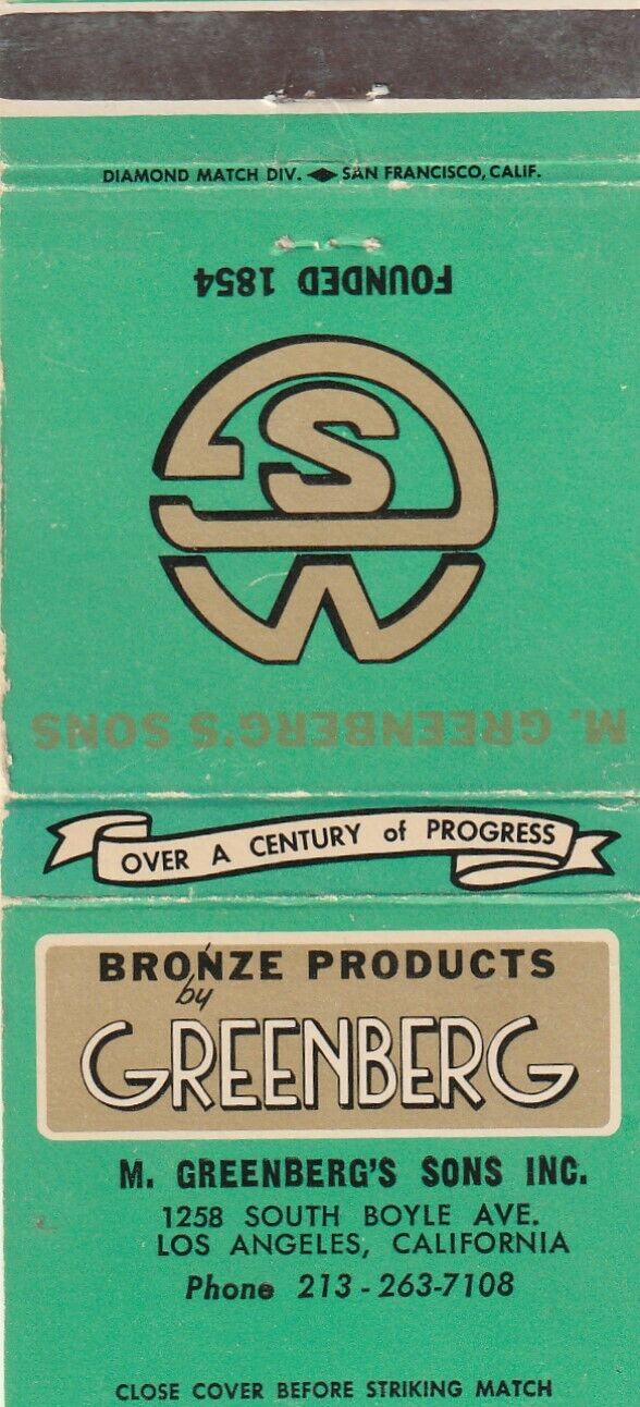 VINTAGE MATCHBOOK COVER. M.GREENBERG\'S SONS INC. BRONZE PRODUCTS. LOS ANGELES,CA