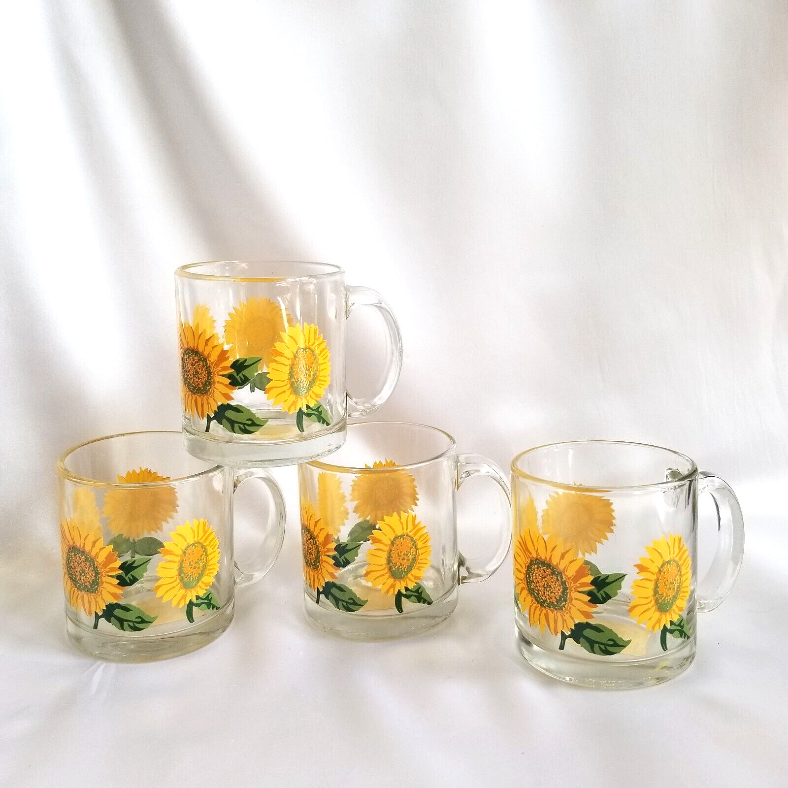 Vintage Libbey Yellow Sunflowers 4 PC Glass Coffee Tea Mugs New Old Stock