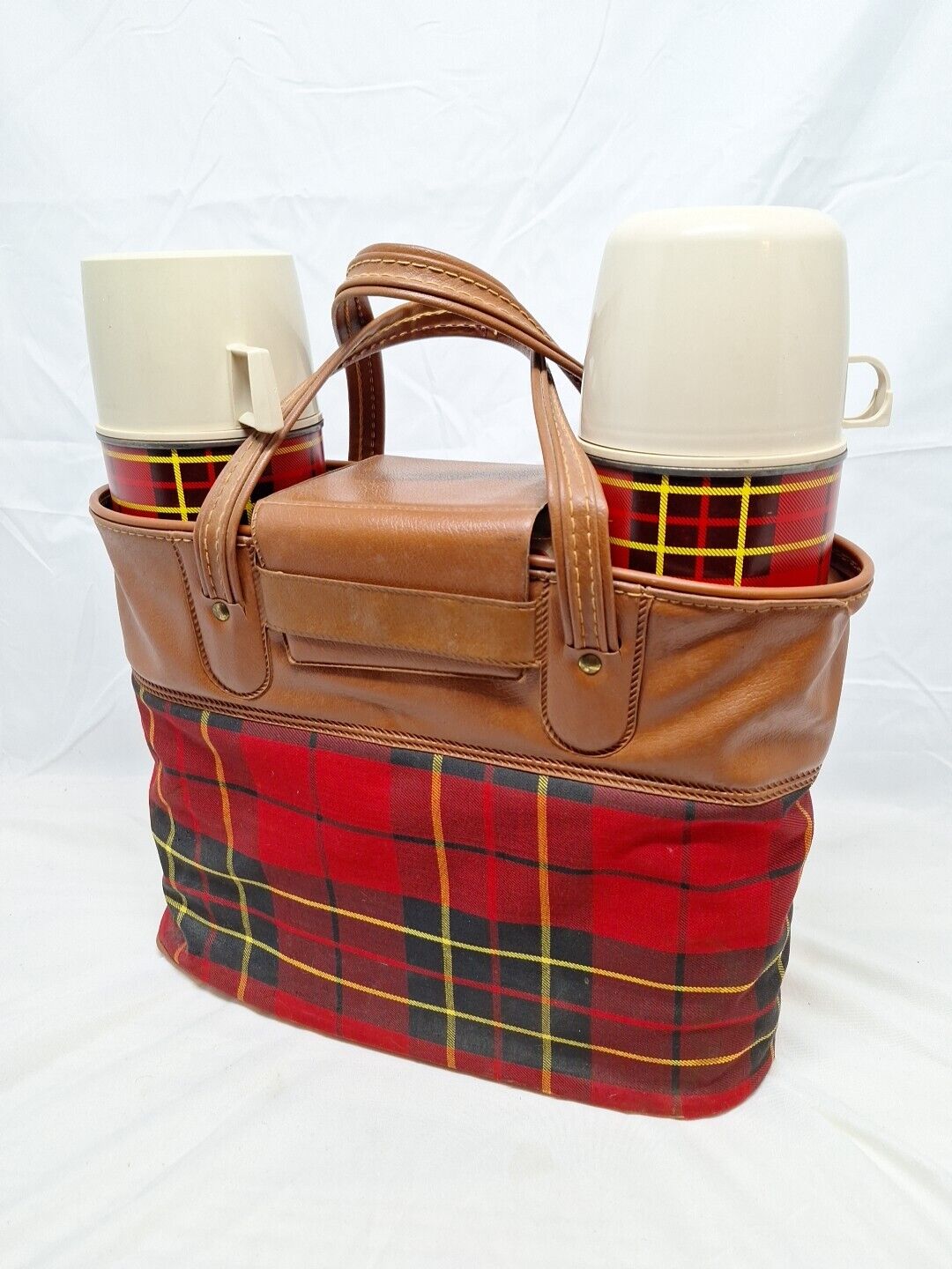 Vintage Red Plaid THERMOS Travel Picnic Set Canvas Bag King Seeley 1973 70's