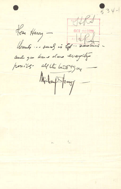 MICHAEL (BLANCHE OELRICHS) STRANGE - AUTOGRAPH LETTER SIGNED 10/28/1929