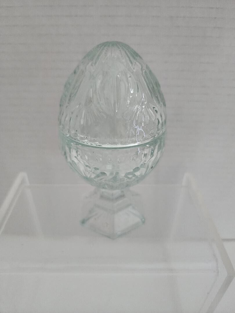 Avon Crystal Pressd Glass Egg w/Pedestal Candy dish/ Trinket Box  Vintage 1980s