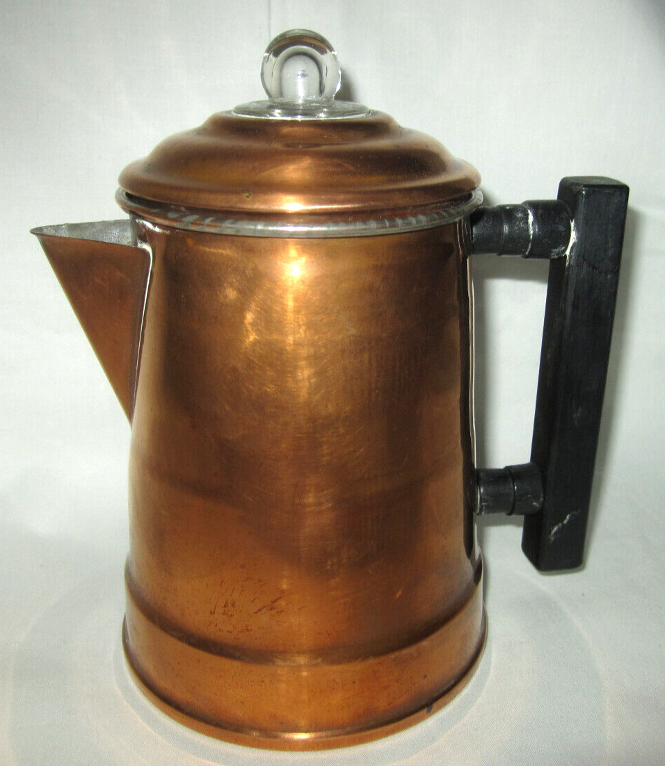 Vtg copper finish coffee percolator w inner basket, camping stovetop