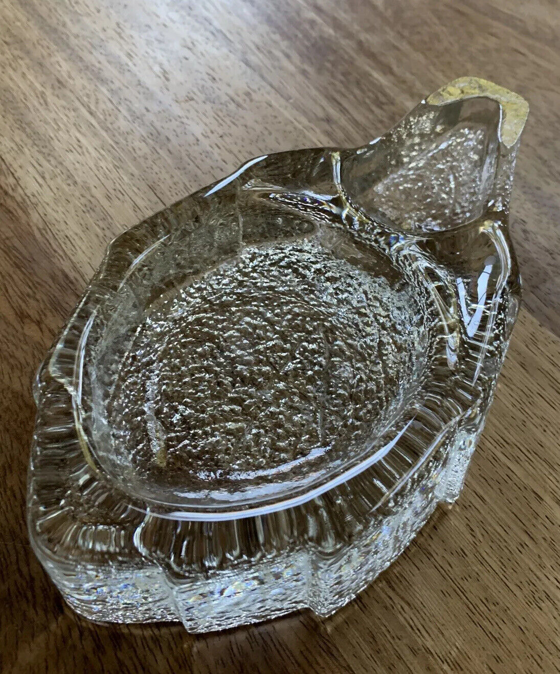 Vintage Swedish Pukeberg Glacier Glass Paperweight Trinket Bowl Sweden Leaf