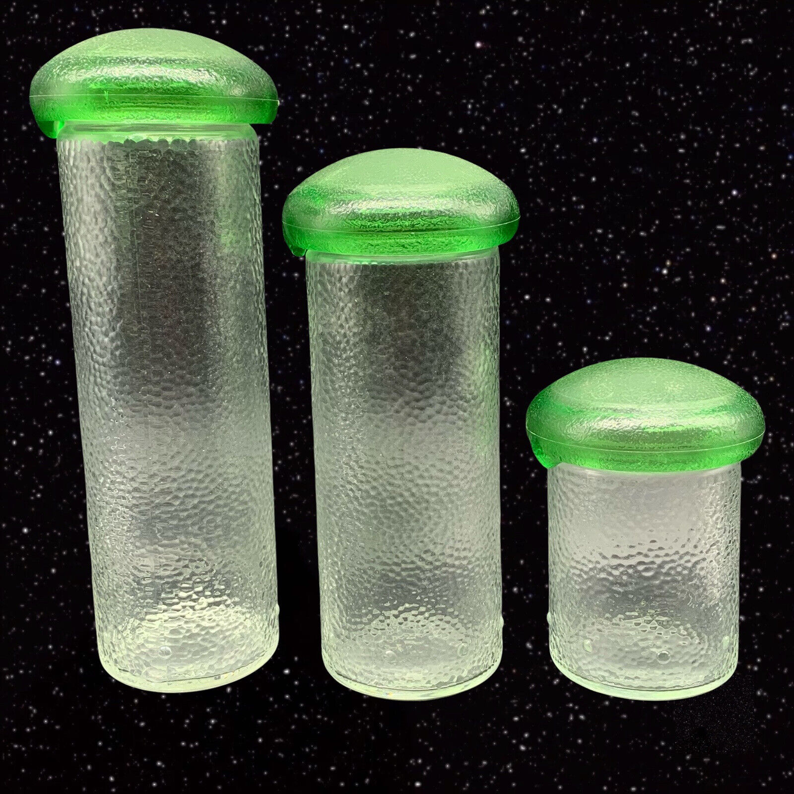 Vintage Mid Century Clear Textured Glass Green Top Mushroom Canister Trio 5-11”T
