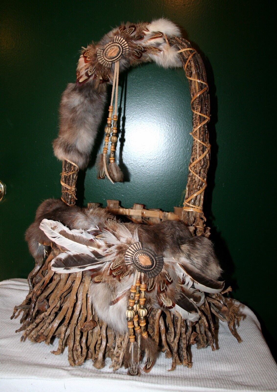 Native American Hand Woven Twig Basket  Made W/ Sticks Rabbit Fur