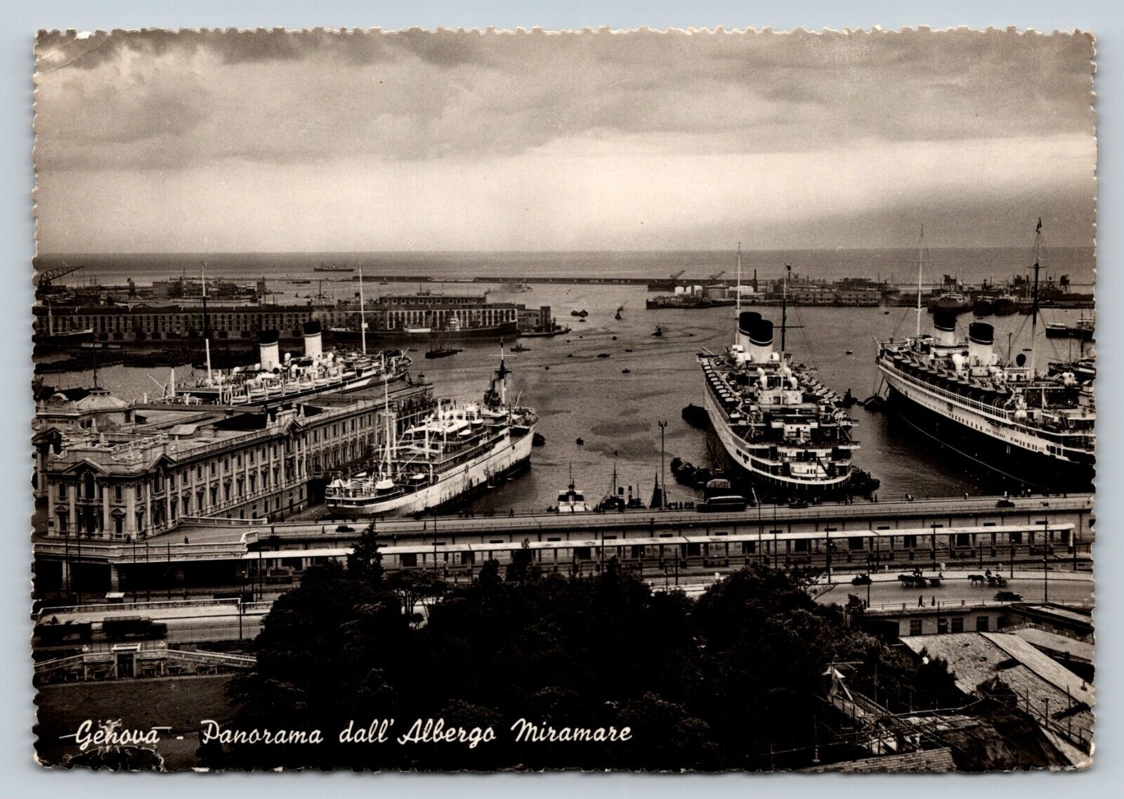 c1953 RPPC Genova Port w/ Ships Albergo Miramare 4x6\