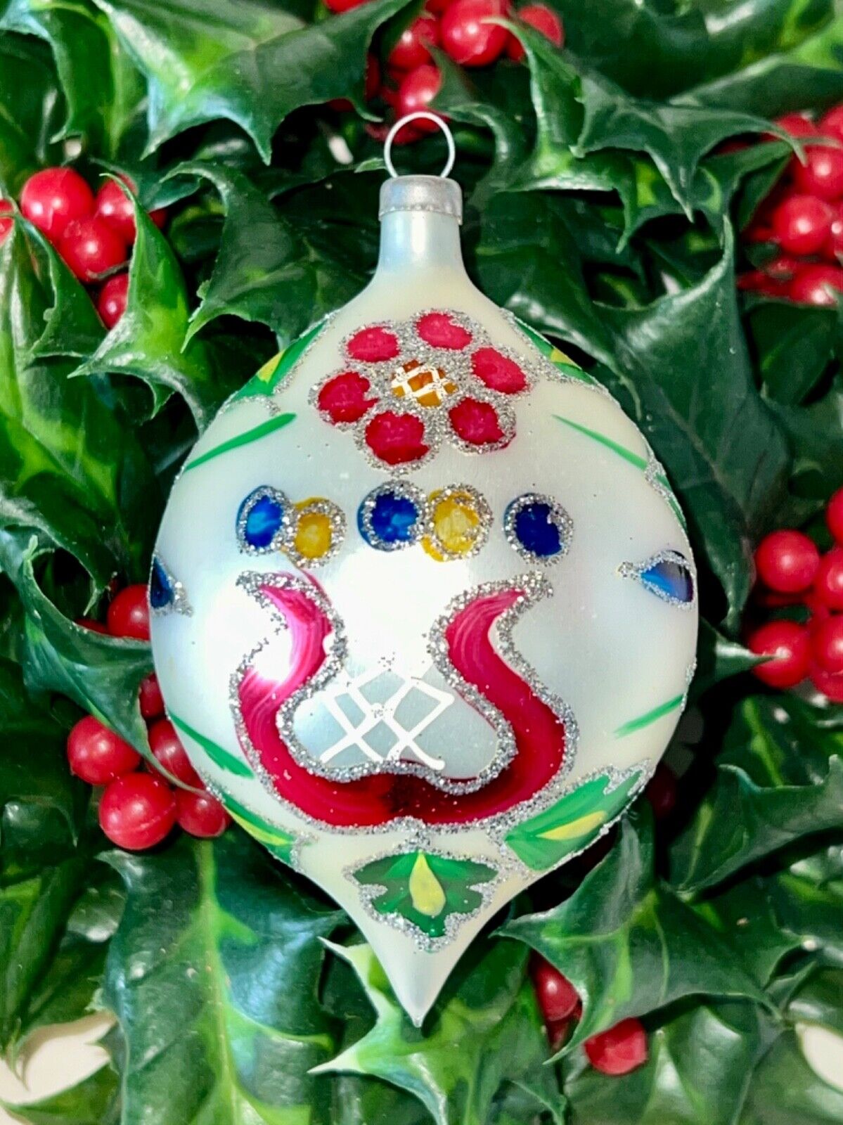 Vintage TEARDROP Hand Painted BLOWN GLASS Christmas Ornament FLORAL HOLLY
