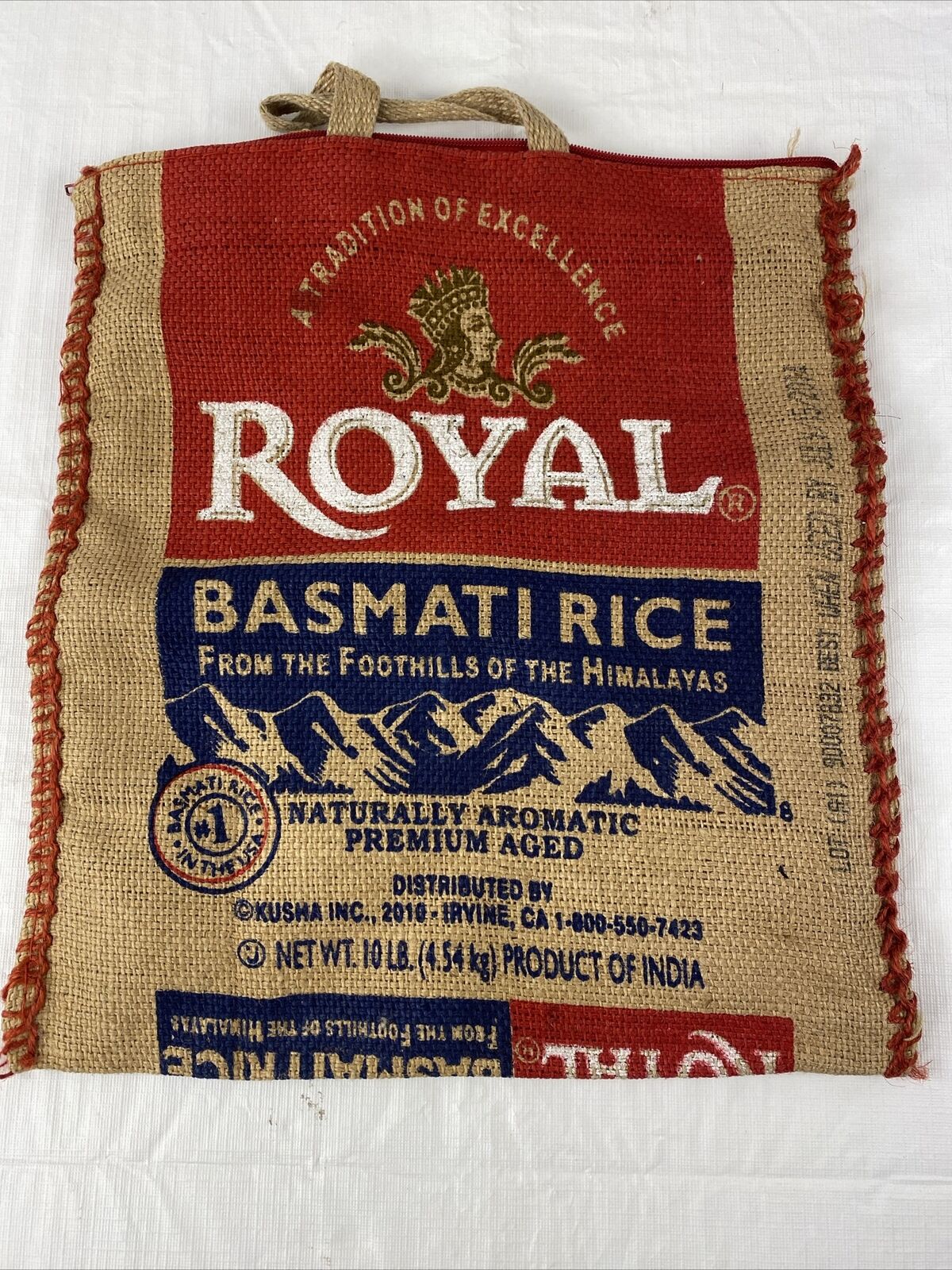 Royal Basmati Rice 10 LB Burlap Zipper Tote Bag No Rice Himalayas Premium Aged