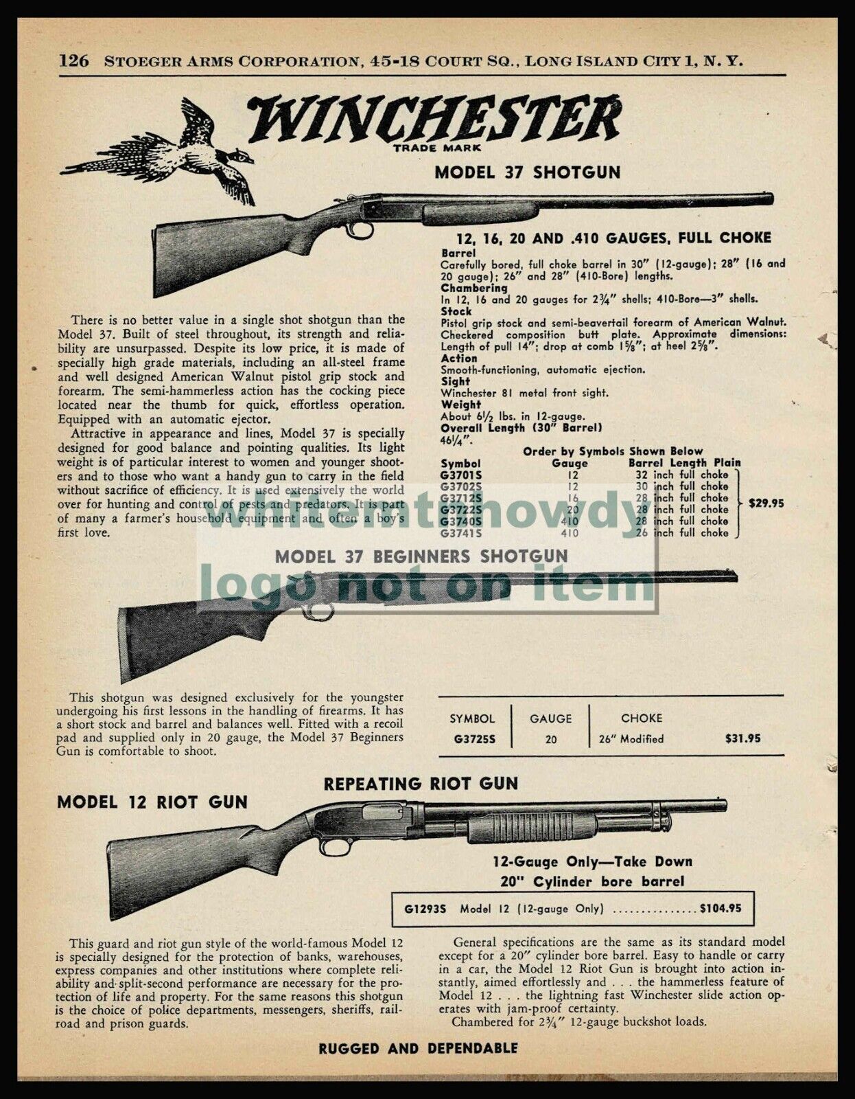 1959 WINCHESTER Model 37 and Beginner\'s Shotgun Original PRINT AD