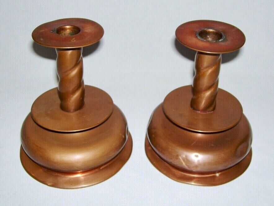 Vintage Pair Hand Made Solid Copper CANDLESTICK HOLDERS w/Removable Wax Catchers
