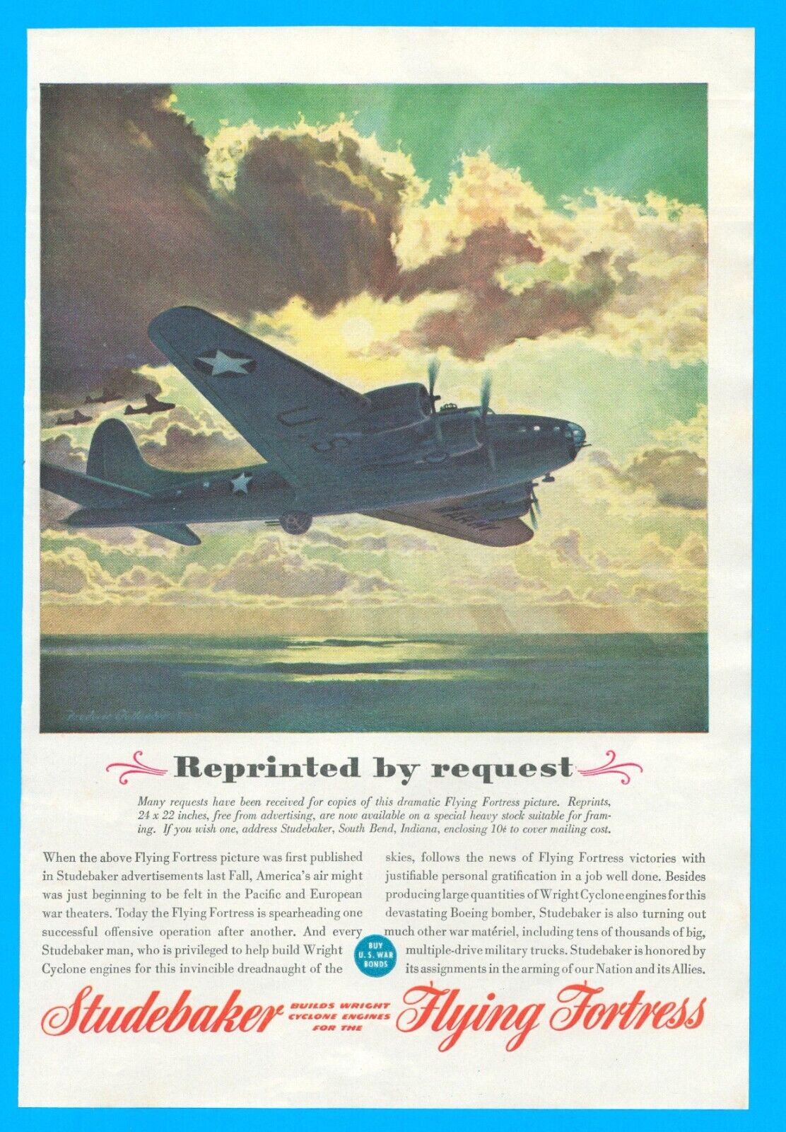 1943 STUDEBAKER engine for Flying Fortress bomber vintage PRINT AD military WWII
