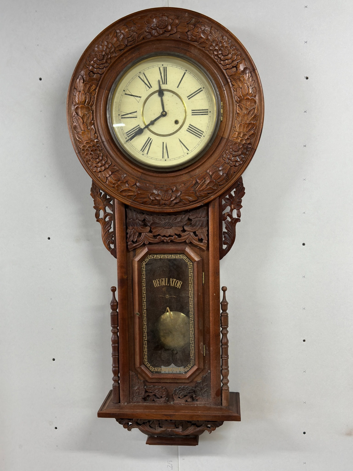 vintage  52 inch heavily carved floral regulator clock working walnut case vict