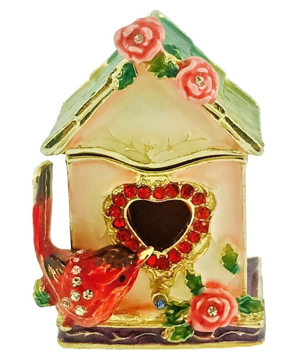 Kubla Craft Bejeweled Enameled Trinket Box: Cardinal Birdhouse Box, Item # 2913