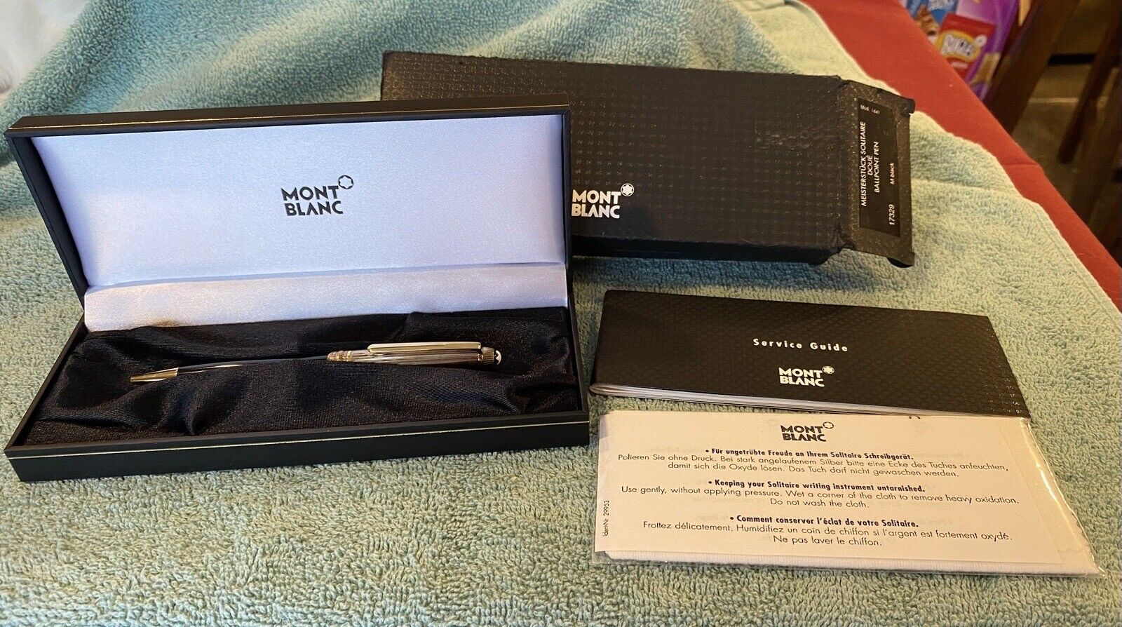 MONTBLANC MEISTERSTRUCK STERLING BALLPOINT PEN WITH BOX, BOOK, CLOTH, REFILLS