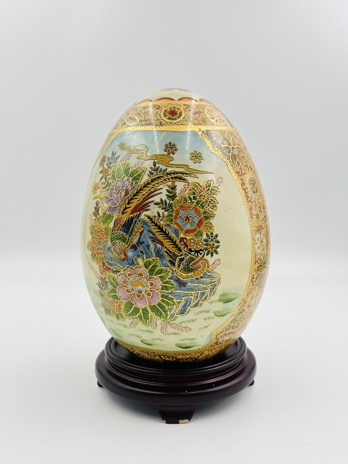 Satsuma Hand Painted Porcelain Egg w/Wood Stand Courting Couple Swing Gold Trim
