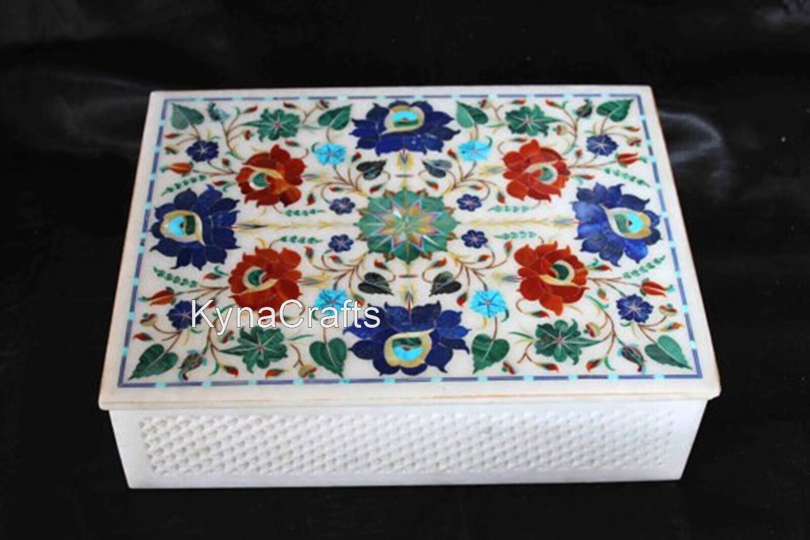 12 x 9 Inches Giftable Box Inlaid with Shiny Gemstone White Marble Jewelry Box