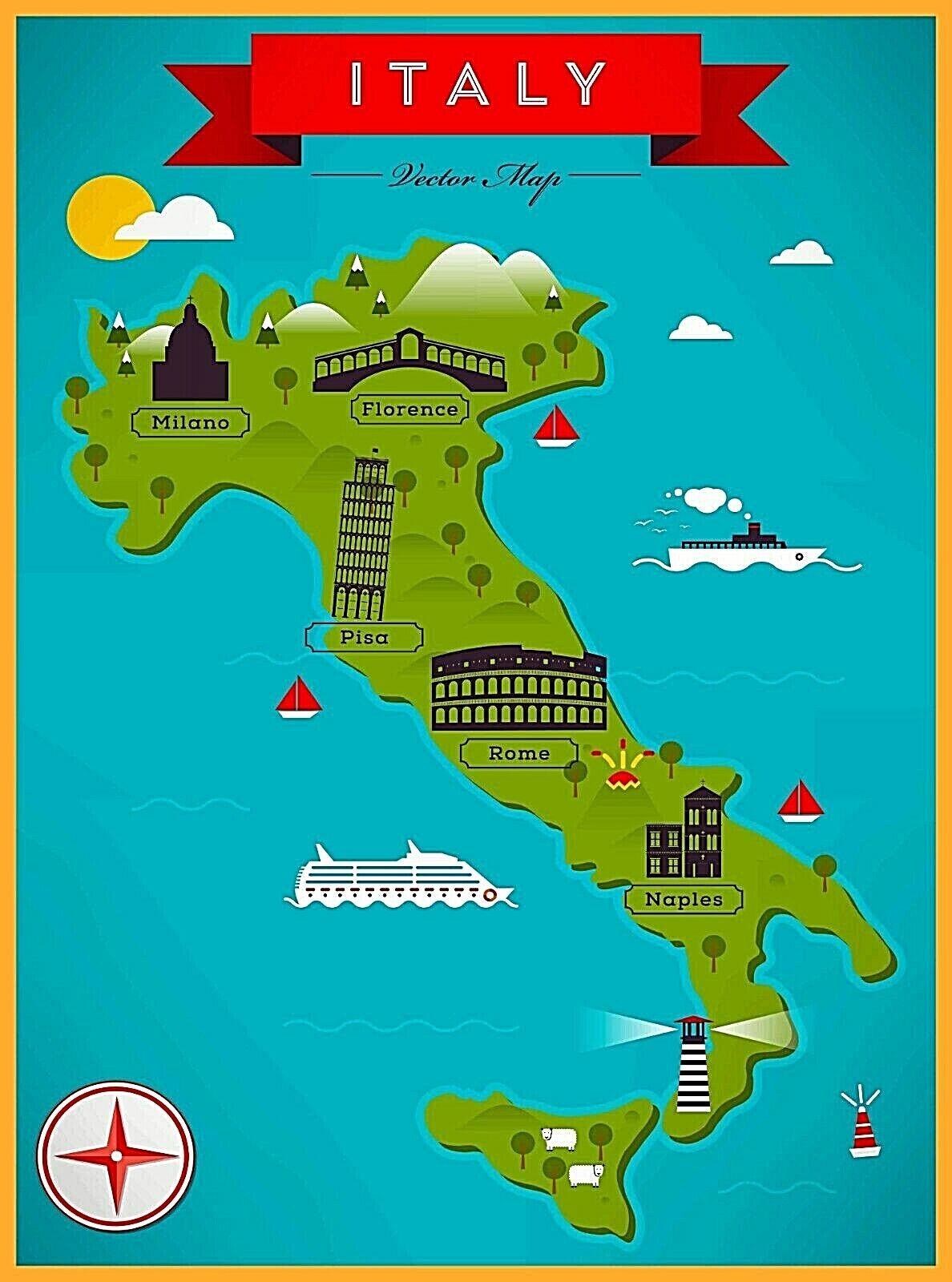 Map of Italy Florence Rome Milano Pisa Naples Retro Travel Art Poster Print