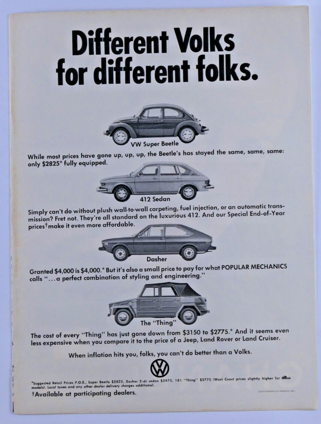 1974 Volkswagen Super Beetle The Thing 412 Sedan Dasher VTG Original Print Ad